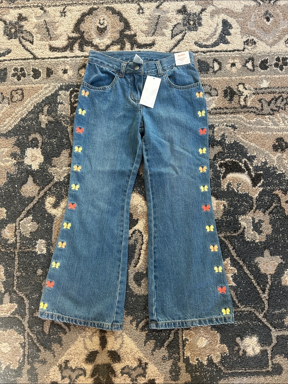 Girls  Blue Denim Jeans with Multicolor Butterfly Embroidery size 6 adj waist